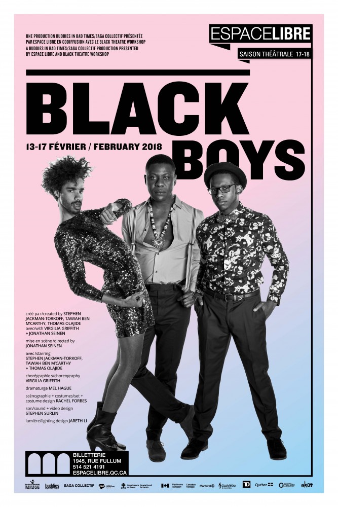 Affiche du spectacle Black Boys. On y voit trois hommes noirs fixant la caméra d'un air défiant, sur fond rose et bleu.