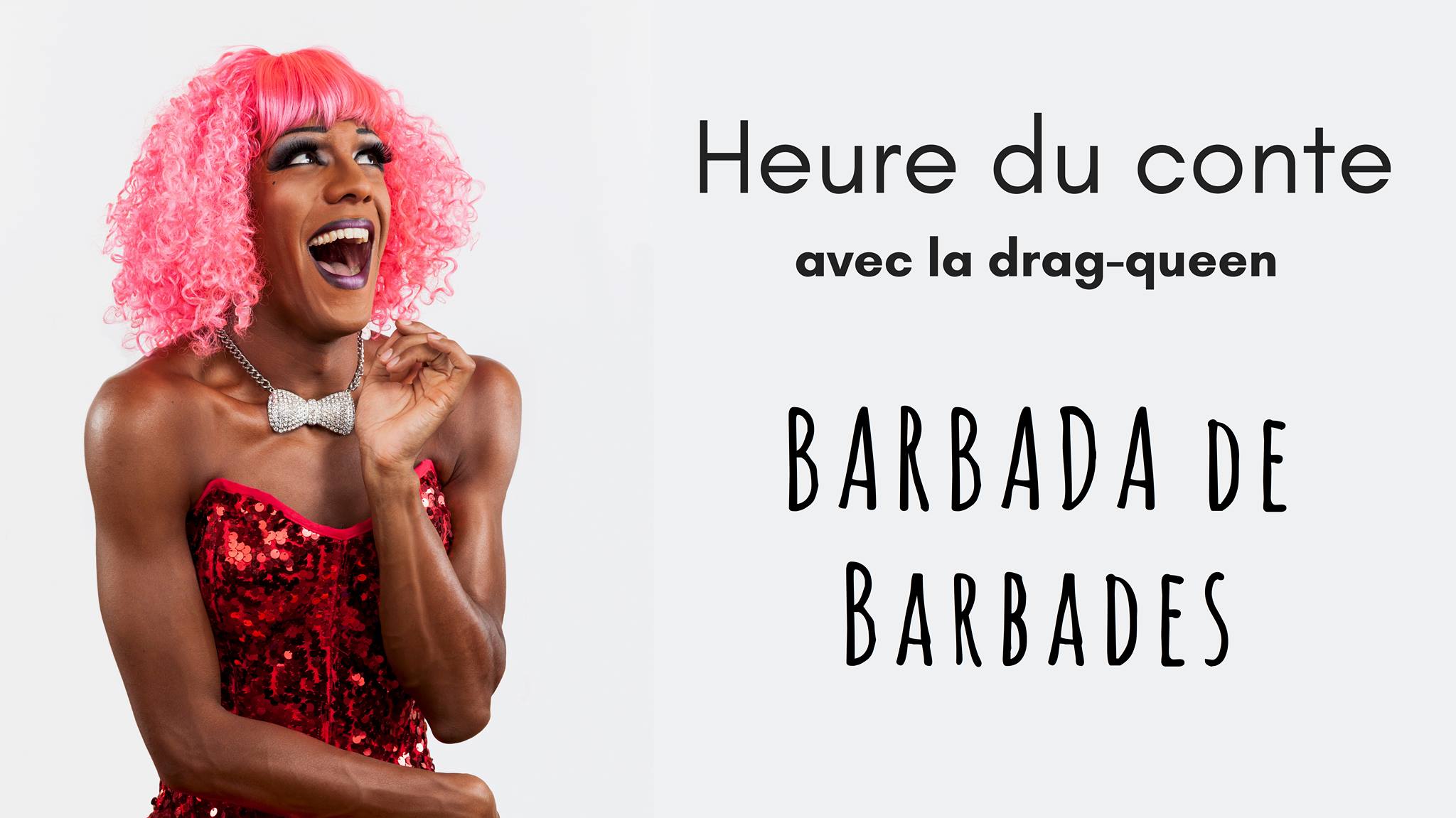 Représente Barbada de Barbades, drag queen afro, avec un corset rouge à paillettes, un noeud papillon blanc et des cheveux frisés roses